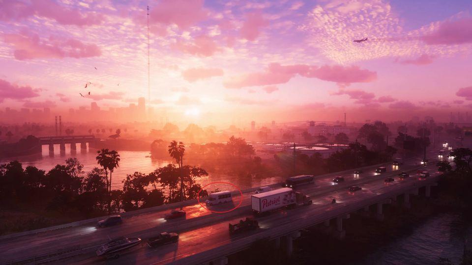 The Brute Rental Shuttle Bus as shown in the first trailer for GTA 6 with a wide shot of a currently unnamed highway in Vice City.