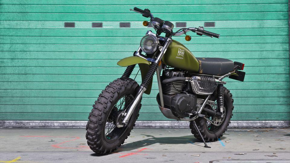 The Dinka Enduro Motorcycle parked outside a garage.