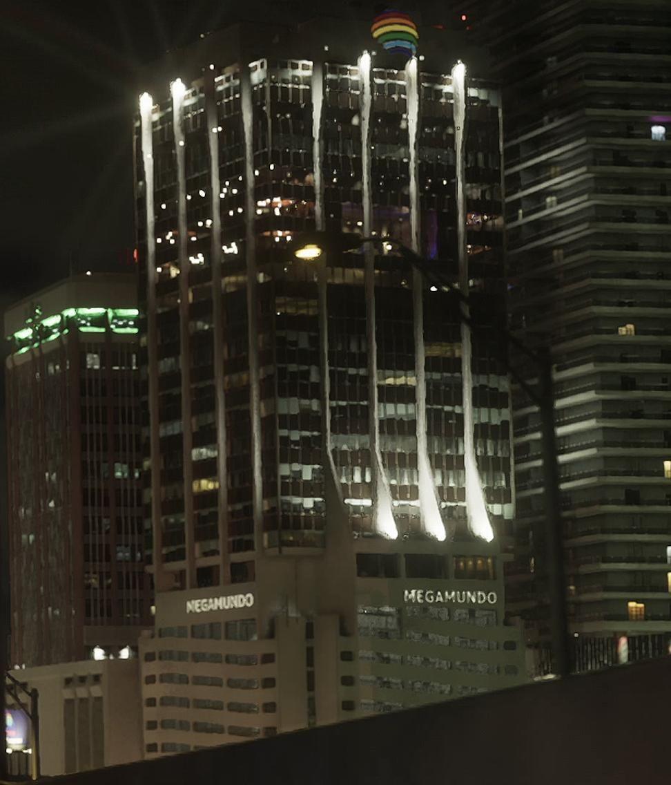 Megamundo's lower floors are framed by bright, flared supports.
